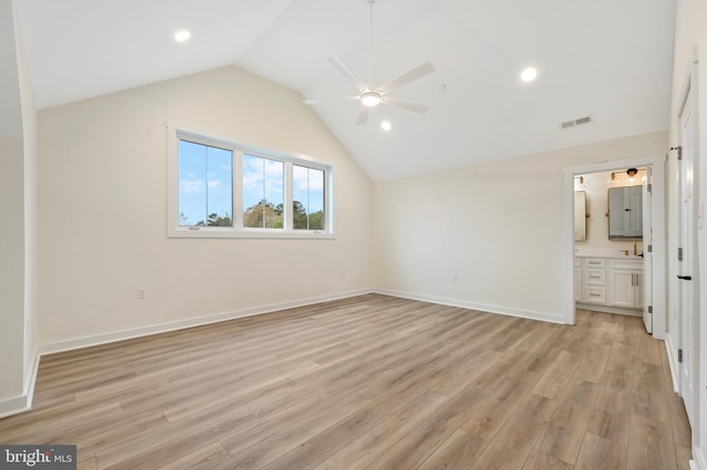116 Holly Hill Ct, Fruitland, MD 21826 - unfurnished bedroom with baseboards, vaulted ceiling, light wood-style flooring, ensuite bathroom, and visible vents