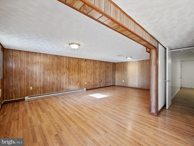 interior space featuring light hardwood / wood-style floors, a baseboard radiator, a textured ceiling, and wood walls