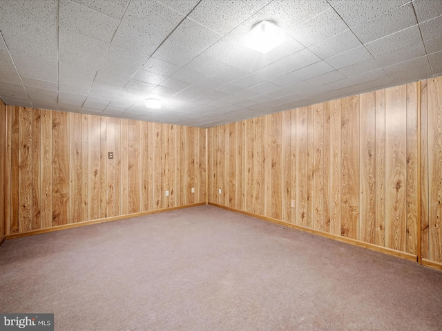 basement with wooden walls and carpet floors