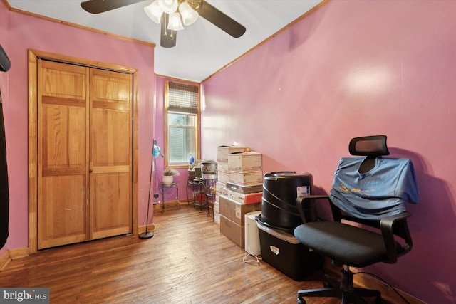 home office featuring ceiling fan and wood-type flooring