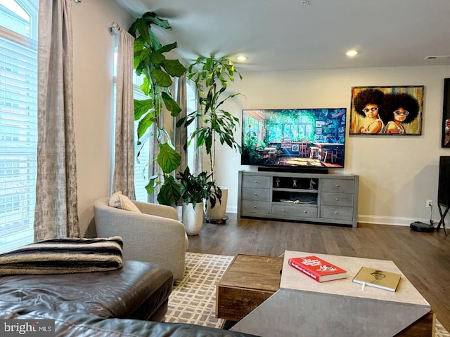 living room featuring plenty of natural light and dark hardwood / wood-style floors