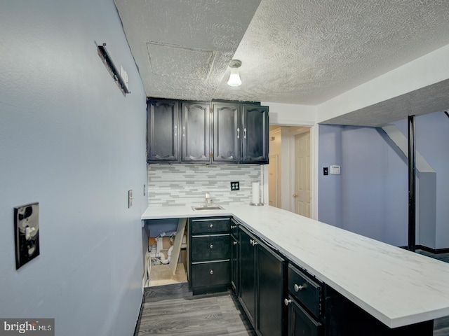 kitchen with kitchen peninsula, hardwood / wood-style floors, sink, and decorative backsplash