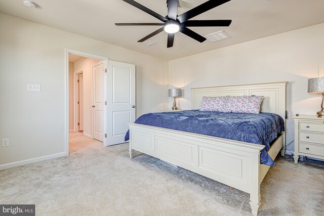 bedroom with visible vents, carpet flooring, a ceiling fan, and baseboards