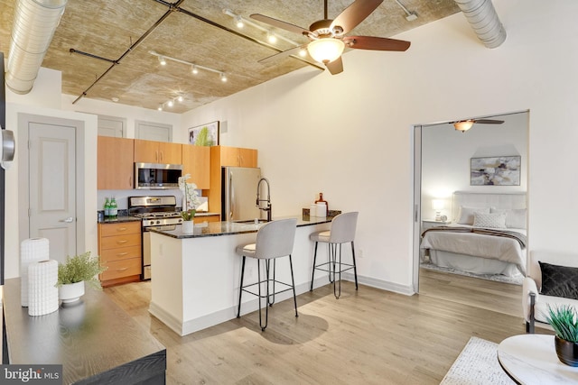 kitchen with appliances with stainless steel finishes, a kitchen bar, light hardwood / wood-style floors, sink, and kitchen peninsula