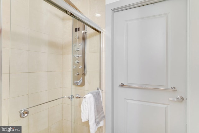 bathroom featuring a shower with shower door