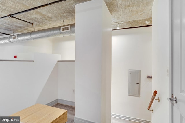 spacious closet featuring electric panel and hardwood / wood-style flooring