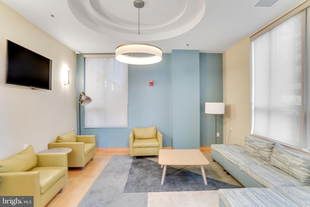 living room with light wood-type flooring and a raised ceiling