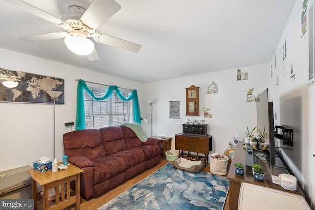 living room featuring hardwood / wood-style flooring and ceiling fan