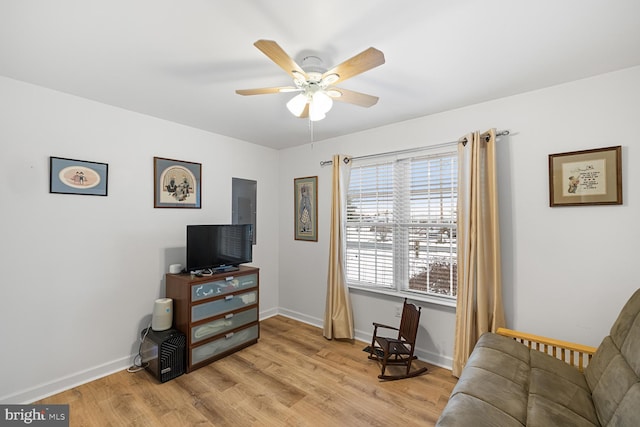 sitting room with electric panel, ceiling fan, and light wood-type flooring