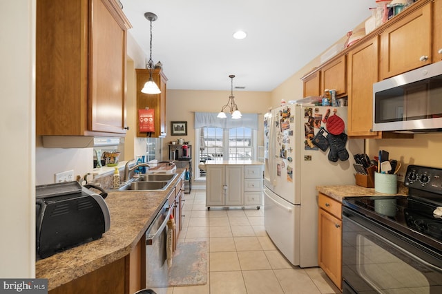 kitchen with pendant lighting, sink, light tile patterned floors, appliances with stainless steel finishes, and a chandelier