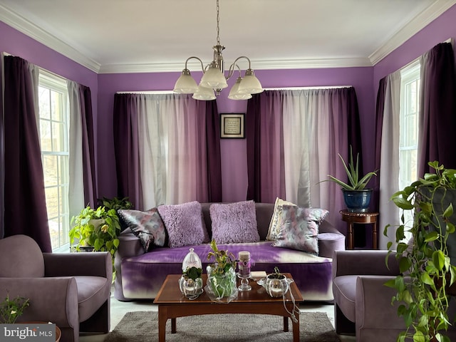 living room featuring crown molding