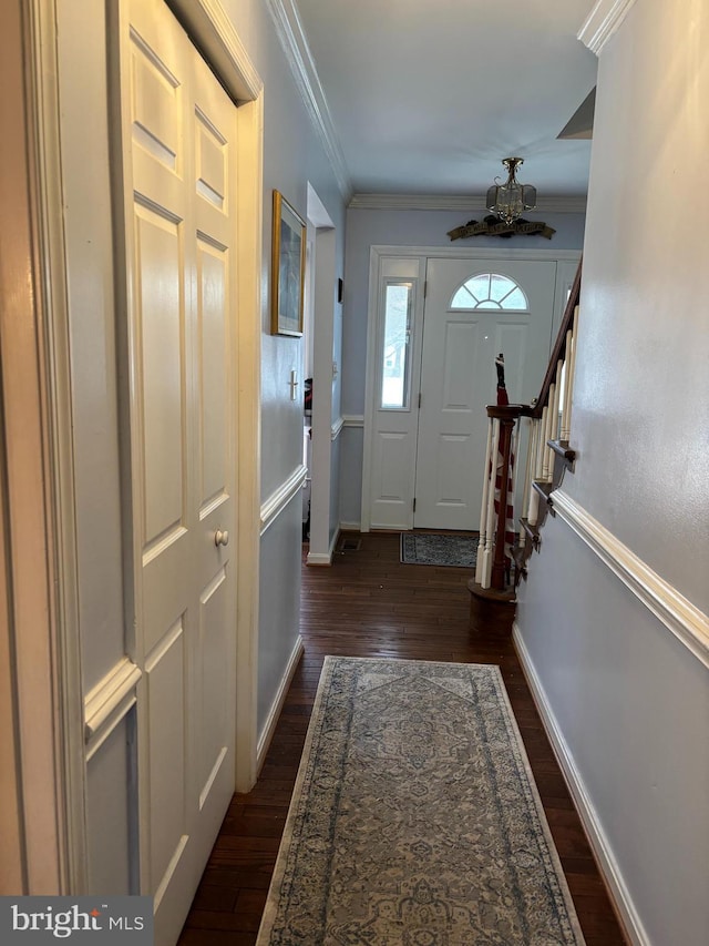 doorway to outside featuring crown molding and dark wood-type flooring