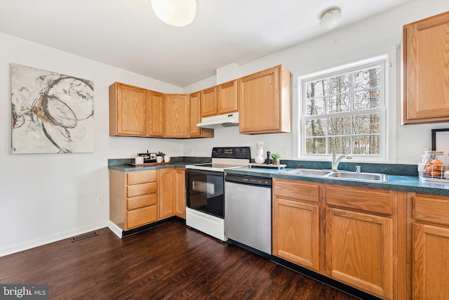 kitchen with dishwasher, electric range oven, sink, and dark hardwood / wood-style floors