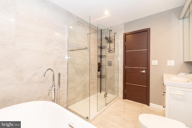 bathroom featuring vanity, toilet, and a shower with door