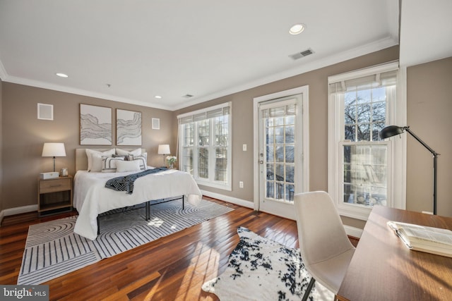 bedroom featuring access to exterior, wood-type flooring, and crown molding