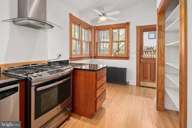 kitchen with radiator, appliances with stainless steel finishes, range hood, light wood-type flooring, and dark stone countertops