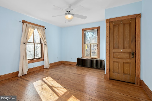 interior space with multiple windows, light hardwood / wood-style flooring, ceiling fan, and radiator