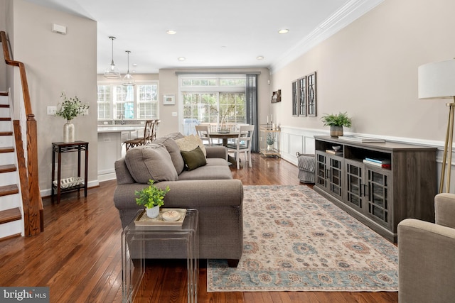 living room featuring dark hardwood / wood-style flooring and crown molding