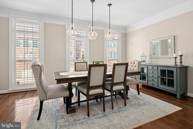 dining room featuring crown molding and dark wood-type flooring