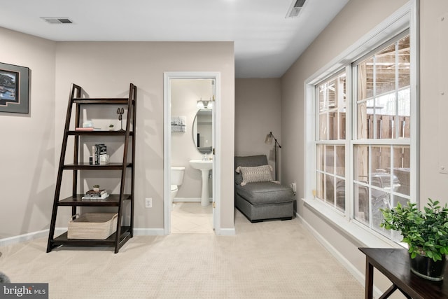 living area with sink and light colored carpet