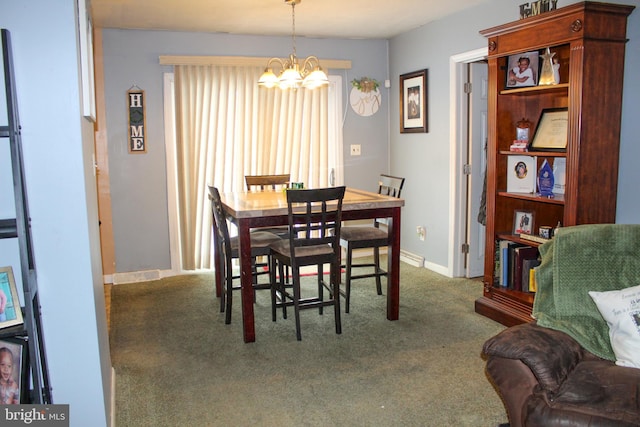 carpeted dining space with an inviting chandelier