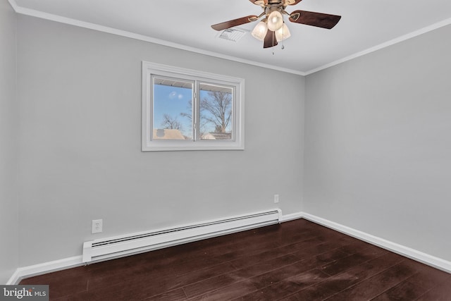 empty room with ceiling fan, baseboard heating, ornamental molding, and wood-type flooring