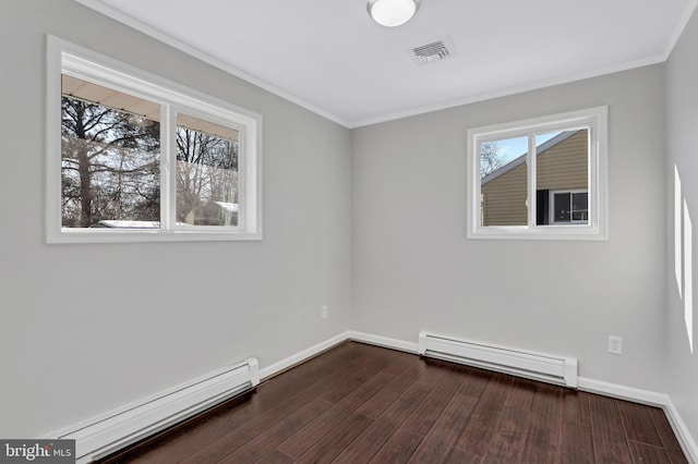 empty room with dark wood-type flooring, crown molding, and a baseboard radiator