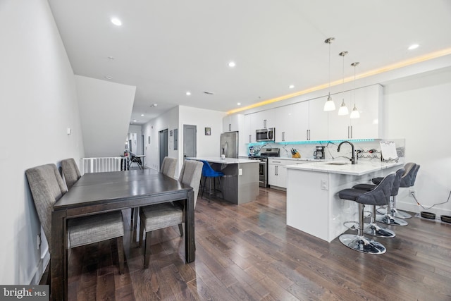 dining area with sink and dark wood-type flooring