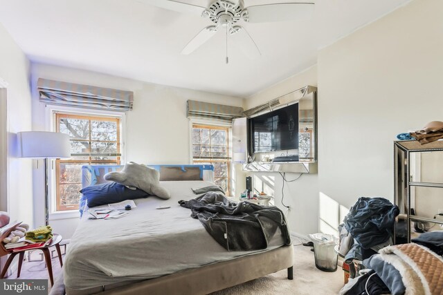 bedroom with ceiling fan and carpet