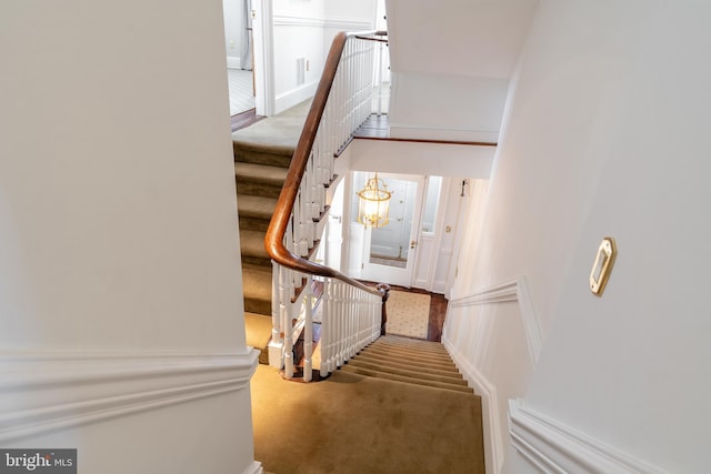 stairs featuring carpet flooring