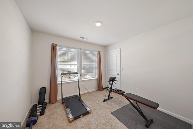 exercise room featuring light colored carpet