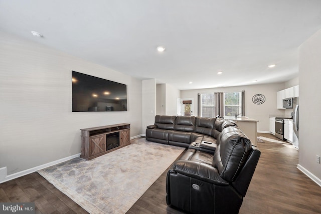 living room with dark wood-type flooring and sink