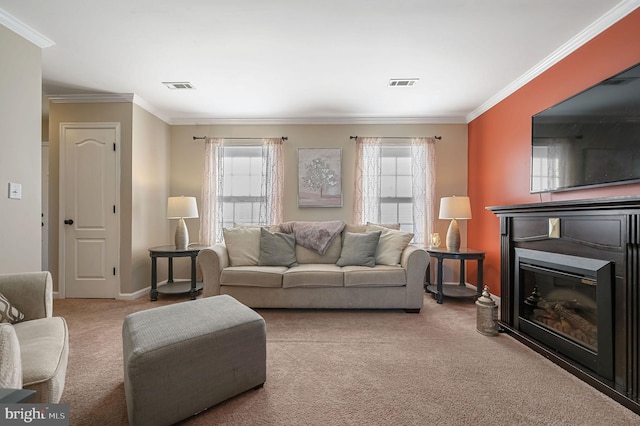 carpeted living room featuring crown molding