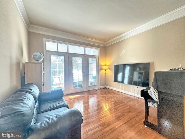 living room with crown molding and wood-type flooring