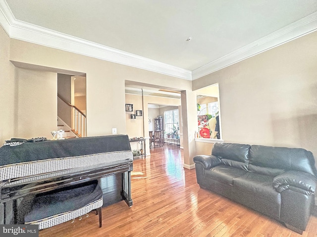 living room featuring hardwood / wood-style floors and crown molding