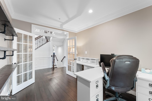 office with crown molding, dark hardwood / wood-style flooring, and french doors