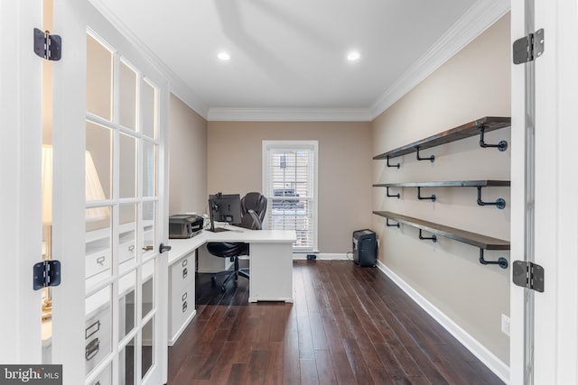 office area with ornamental molding and dark hardwood / wood-style floors