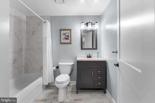 full bathroom featuring toilet, shower / bath combination with curtain, and vanity