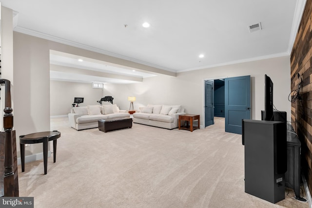 living room with light colored carpet and ornamental molding