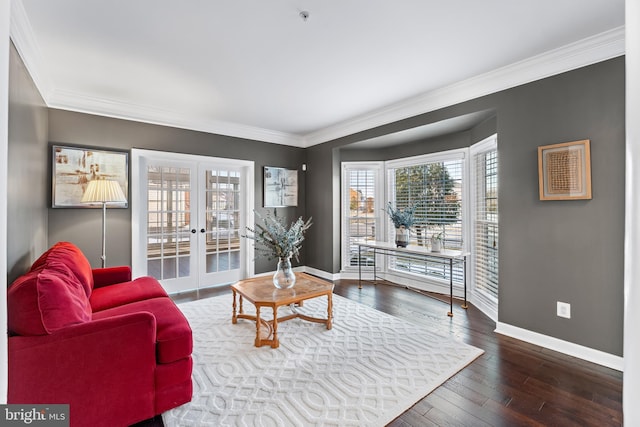 living room with french doors, crown molding, and dark wood-type flooring