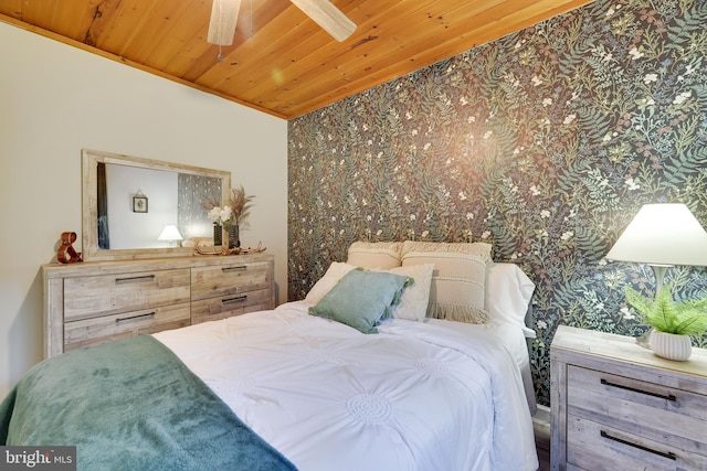 bedroom featuring ceiling fan and wooden ceiling