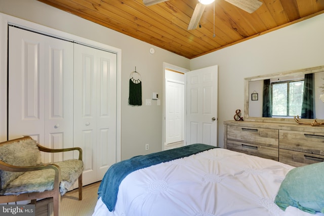 bedroom with ceiling fan and wooden ceiling