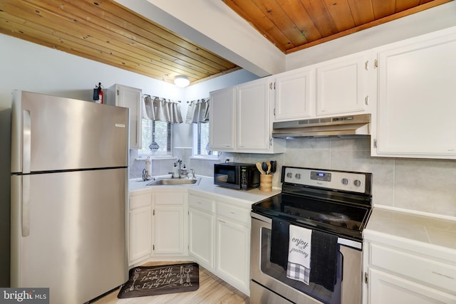 kitchen with white cabinetry, stainless steel appliances, tasteful backsplash, sink, and wooden ceiling