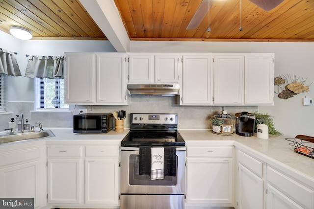 kitchen with backsplash, sink, stainless steel electric range oven, white cabinets, and wooden ceiling