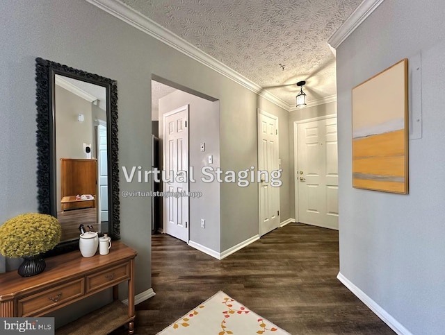 corridor featuring dark hardwood / wood-style flooring, ornamental molding, and a textured ceiling