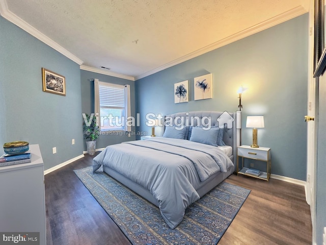 bedroom with crown molding, dark hardwood / wood-style flooring, and a textured ceiling