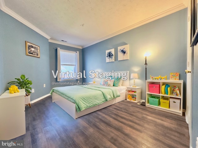 bedroom featuring ornamental molding, a textured ceiling, and dark hardwood / wood-style flooring