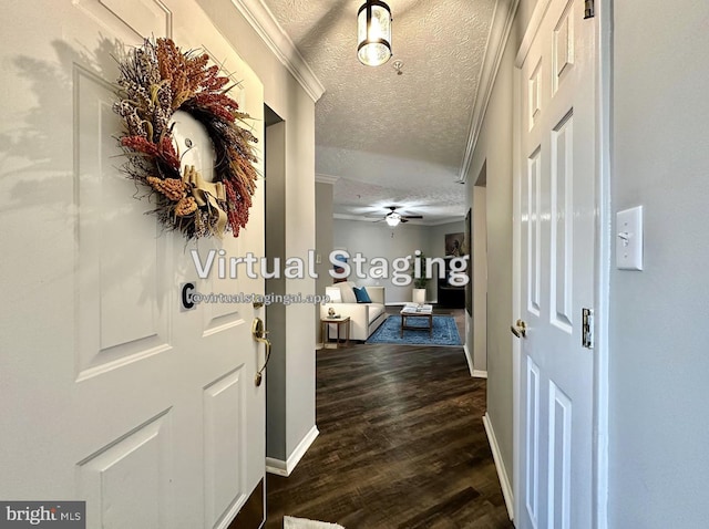 corridor with crown molding, dark wood-type flooring, and a textured ceiling