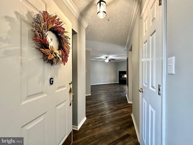 hallway featuring crown molding, dark hardwood / wood-style floors, and a textured ceiling