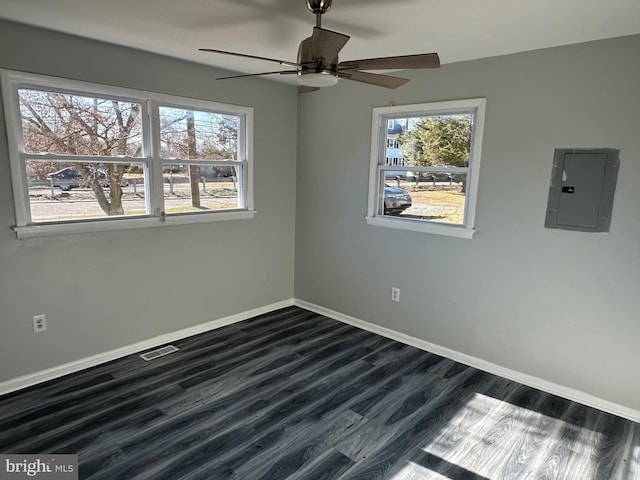 spare room featuring ceiling fan, dark wood-type flooring, and electric panel